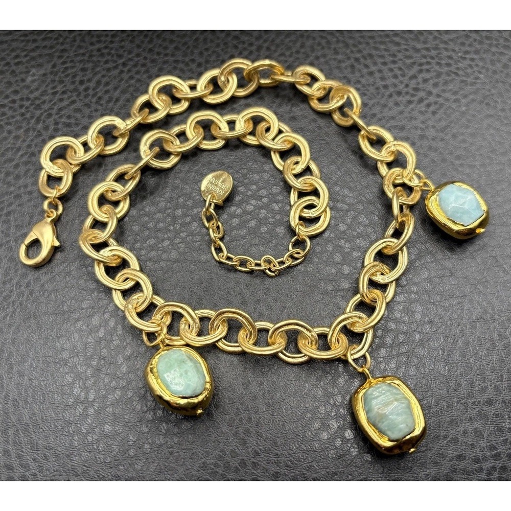 Karine Sultan Faux Green Jade Charm Pendant Necklace Thick Chain Gold Tone